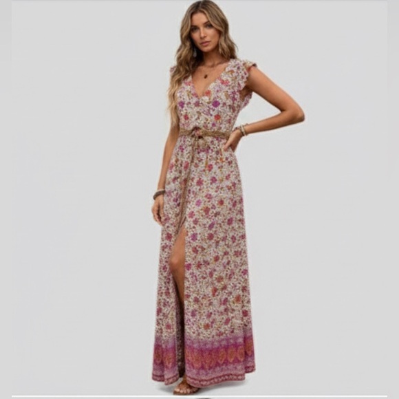 Boho Ruffle Hem Slit Thigh Maxi Dress - Picture 3 of 8